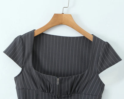 2025 Sexy Striped Square Collar Short Puff Sleeve Shirt Women Front Ruched Chest Double Zip up Front Slim Waist Crop Tops