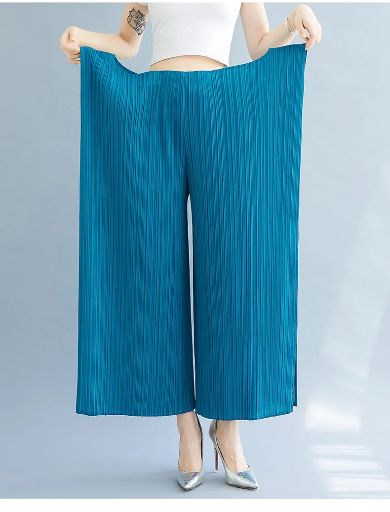 Miyake 2025 New Pleated Pants Irregular Wide-legged Pants Simple Loose Large Size with Elastic Formal Occasions Commuter Women's