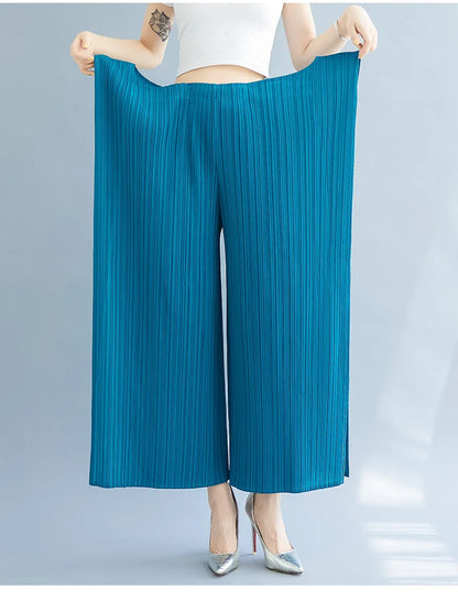 Miyake 2025 New Pleated Pants Irregular Wide-legged Pants Simple Loose Large Size with Elastic Formal Occasions Commuter Women's