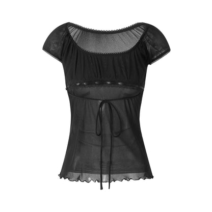 Women Summer Y2K Aesthetic Tops Lace Trim Cap Sleeve Low Cut Shirts Vintage Casual Sexy Tops and Blouses Female