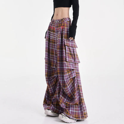 Summer Women Harajuku Fashion Plaid Pants Vintage Y2k Japanese Streetwear 2000s Baggy Pantalones Loose Casual Long Trousers Kpop