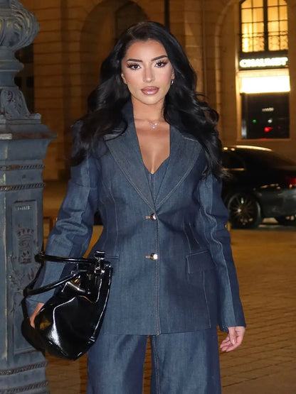 HH Female Spring Vintage Denim Blazer Long Sleeves Turn Down Collar Single Breasted Fake Pockets Street Fashion Coats