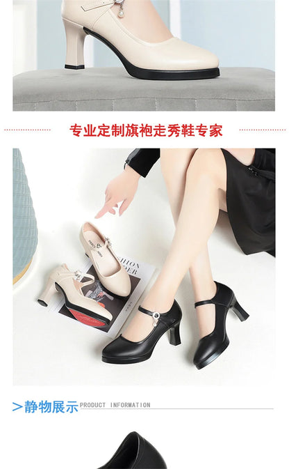 High Heels Comfort Platform Pumps 2024 Spring New Fashion Buckle Solid Black Shoes Woman Soft Leather Waterproof Single Shoes