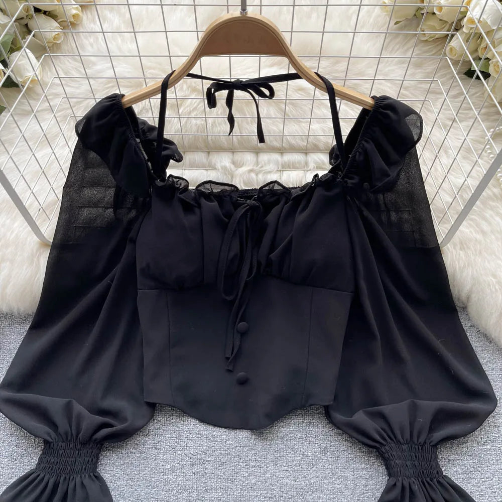 French Chic Halter Blouses Femininas Bow Flare Sleeve Short Tops Dames HighStreet Blusa Mujer Casual Shirts Clothes Dropshipping