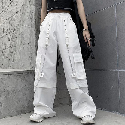 Women Trendy Vintage Casual Streetwear Pocket Cargo Pants Y2K Female High Waist White Hip Hop Loose Trousers Straight Pantalones