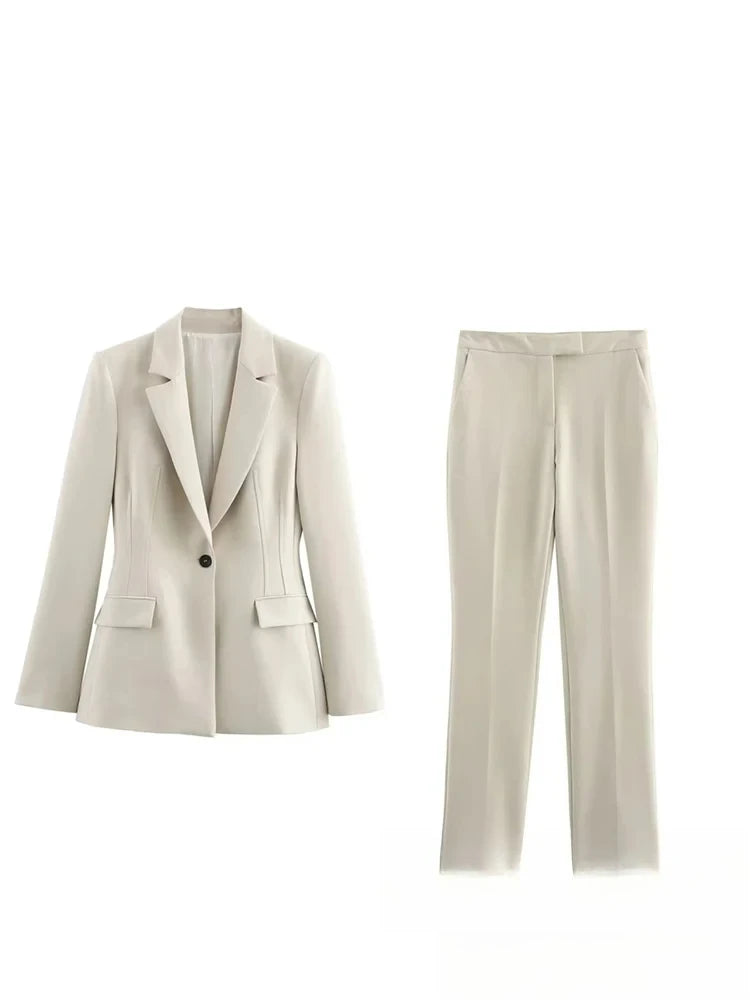 KONDALA Vintage Chic Office Lady Solid Women Suit Pockets V Neck Blazer Straight Loose Pants New Fashion 2025 Spring Autumn Sets