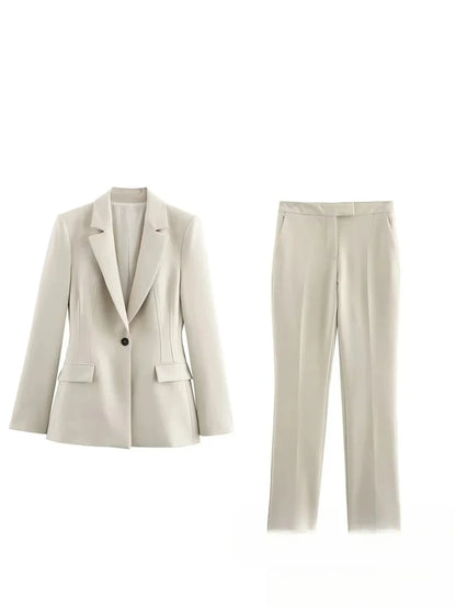 KONDALA Vintage Chic Office Lady Solid Women Suit Pockets V Neck Blazer Straight Loose Pants New Fashion 2025 Spring Autumn Sets