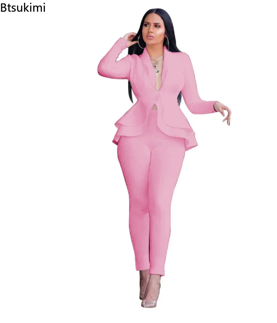 2025 Women's Formal Set 2PCS Tracksuit Full Sleeve Ruffles Blazers Pencil Pants Suit Two Piece Set Office Lady Outfits Uniform