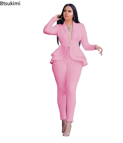 2025 Women's Formal Set 2PCS Tracksuit Full Sleeve Ruffles Blazers Pencil Pants Suit Two Piece Set Office Lady Outfits Uniform