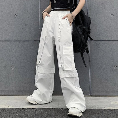 Women Trendy Vintage Casual Streetwear Pocket Cargo Pants Y2K Female High Waist White Hip Hop Loose Trousers Straight Pantalones
