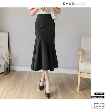 Seoulish Ruffles Solid Color Women's Skirts 2024 New Spring Summer Elegant High Waist Office Ladies Style Pencil Midi Skirts