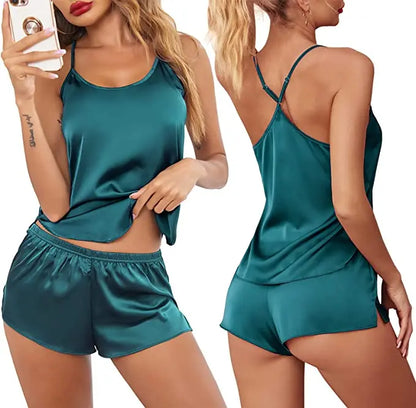 Summer New Ice Silk Spaghetti Strap Sexy Women Pajamas Pure Color Thin Section Fashion Sleepwear