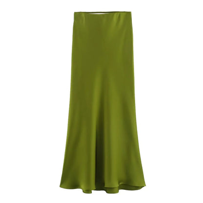 2024 Spring Summer New Women's High-Waisted Skirt European Style Silk-Satin Feeling Long Dress Solid Color Simple Design