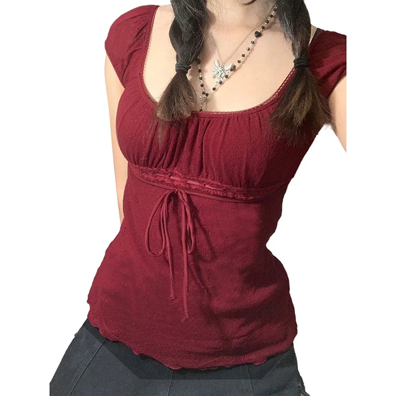 Women Summer Y2K Aesthetic Tops Lace Trim Cap Sleeve Low Cut Shirts Vintage Casual Sexy Tops and Blouses Female