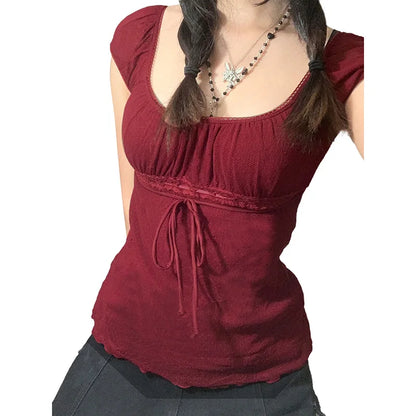 Women Summer Y2K Aesthetic Tops Lace Trim Cap Sleeve Low Cut Shirts Vintage Casual Sexy Tops and Blouses Female
