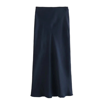 2024 Spring Summer New Women's High-Waisted Skirt European Style Silk-Satin Feeling Long Dress Solid Color Simple Design