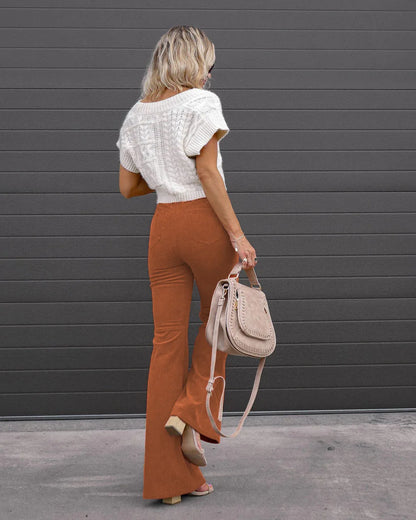 Ladies autumn new solid color corduroy temperament flared high waist casual trousers
