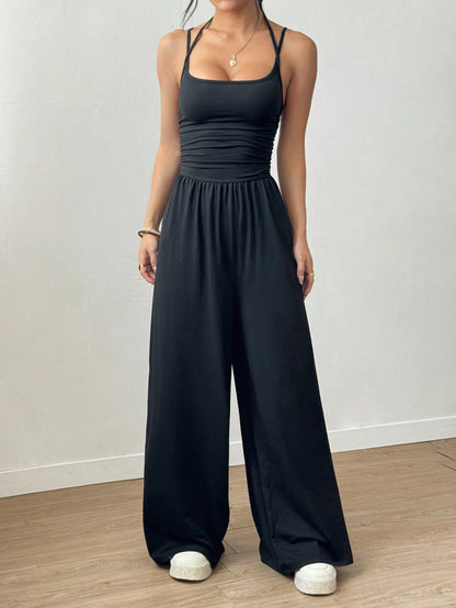 Women's Casual Solid Color Pleating Loose Straight Jumpsuit A-line Backless Halter Neck Slim Cami Jumpsuit Streetwear 2025