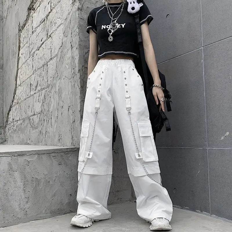 Women Trendy Vintage Casual Streetwear Pocket Cargo Pants Y2K Female High Waist White Hip Hop Loose Trousers Straight Pantalones