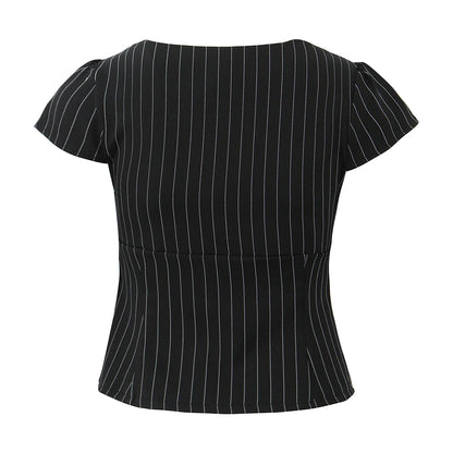 2025 Sexy Striped Square Collar Short Puff Sleeve Shirt Women Front Ruched Chest Double Zip up Front Slim Waist Crop Tops