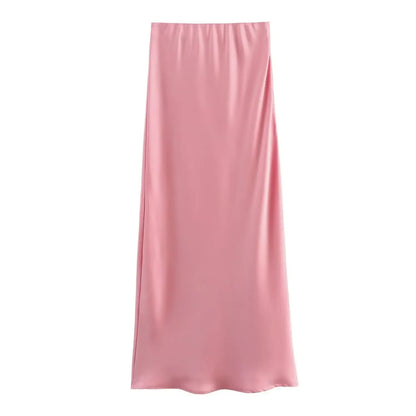 2024 Spring Summer New Women's High-Waisted Skirt European Style Silk-Satin Feeling Long Dress Solid Color Simple Design