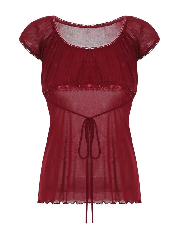 Women Summer Y2K Aesthetic Tops Lace Trim Cap Sleeve Low Cut Shirts Vintage Casual Sexy Tops and Blouses Female