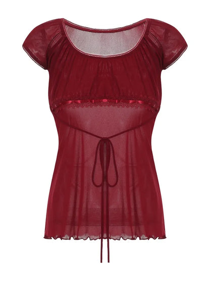 Women Summer Y2K Aesthetic Tops Lace Trim Cap Sleeve Low Cut Shirts Vintage Casual Sexy Tops and Blouses Female