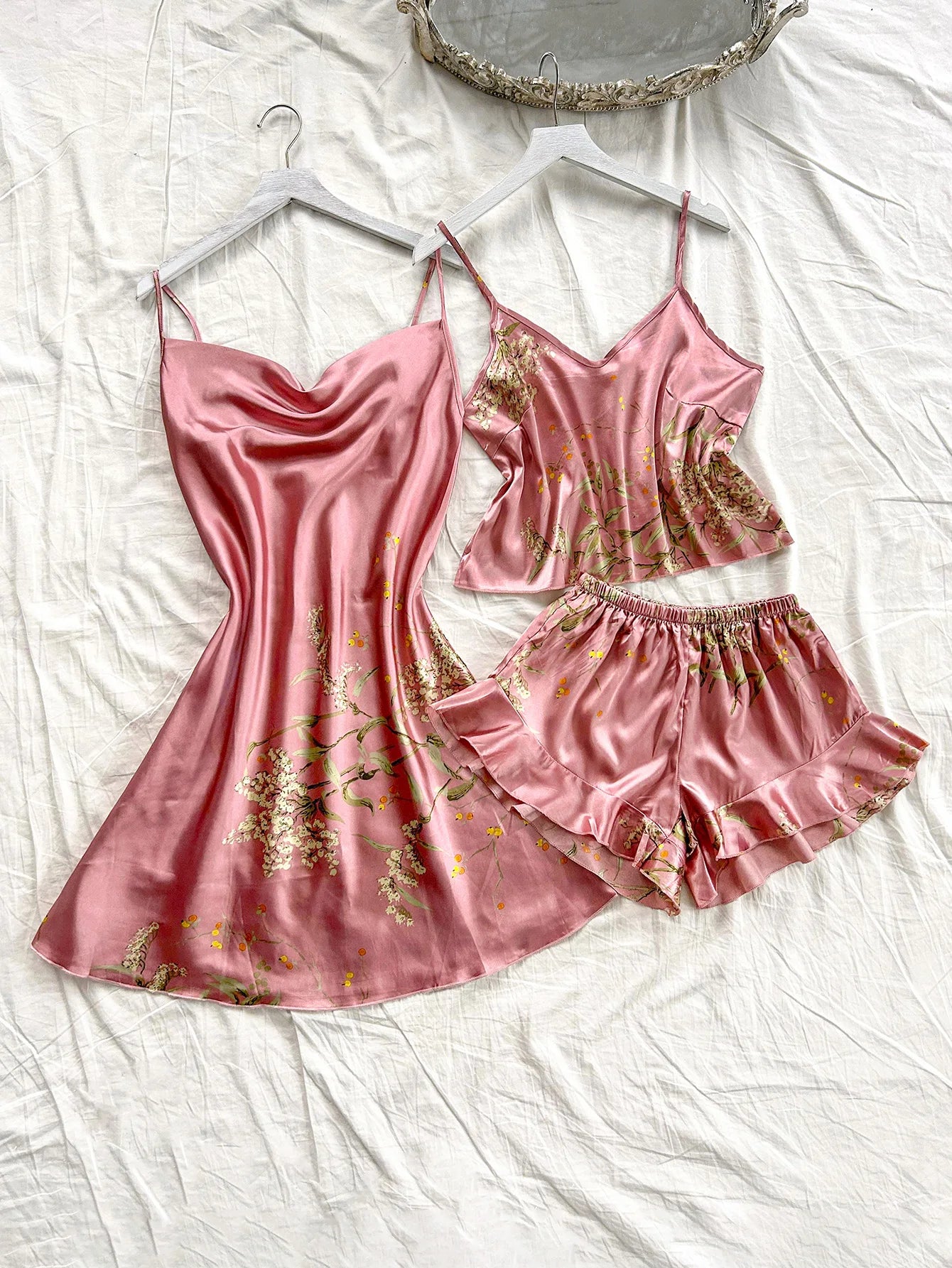 Women's Cherry Print Pajamas Sexy Fashion Halter Dress 3 Piece Women's Pajamas Set