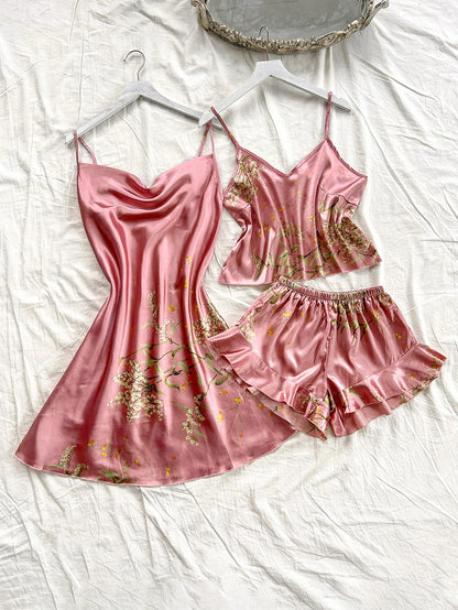 Women's Cherry Print Pajamas Sexy Fashion Halter Dress 3 Piece Women's Pajamas Set