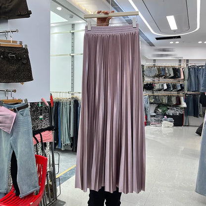 98cm Basics Maxi Pleated Skirt for Women New Korean Casual All-match Solid A Line High Waist Long Maxi Skirt Female
