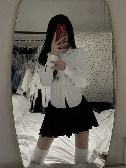 Y2K White Shirts Women Streetwear Tunic Long Sleeve Crop Tops Students Jk Preppy Korean Fashion Basic Slim All Match Blouses New