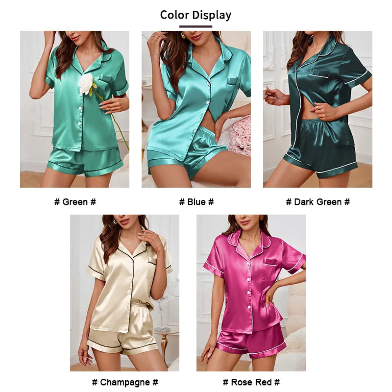 Women's Lapel Neck Sleepshirt Sleepwear Summer Satin Pajamas Set Casual Short Sleeve Buttons Top And Elastic Shorts Lounge Set