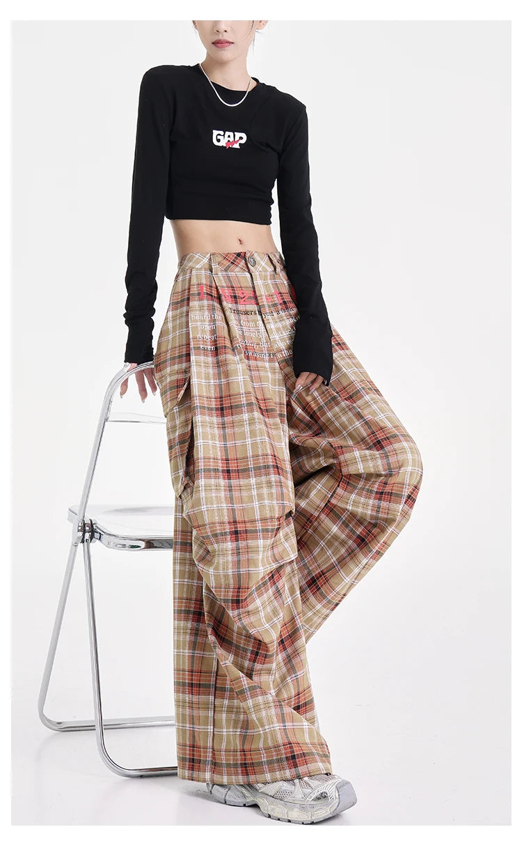 Summer Women Harajuku Fashion Plaid Pants Vintage Y2k Japanese Streetwear 2000s Baggy Pantalones Loose Casual Long Trousers Kpop