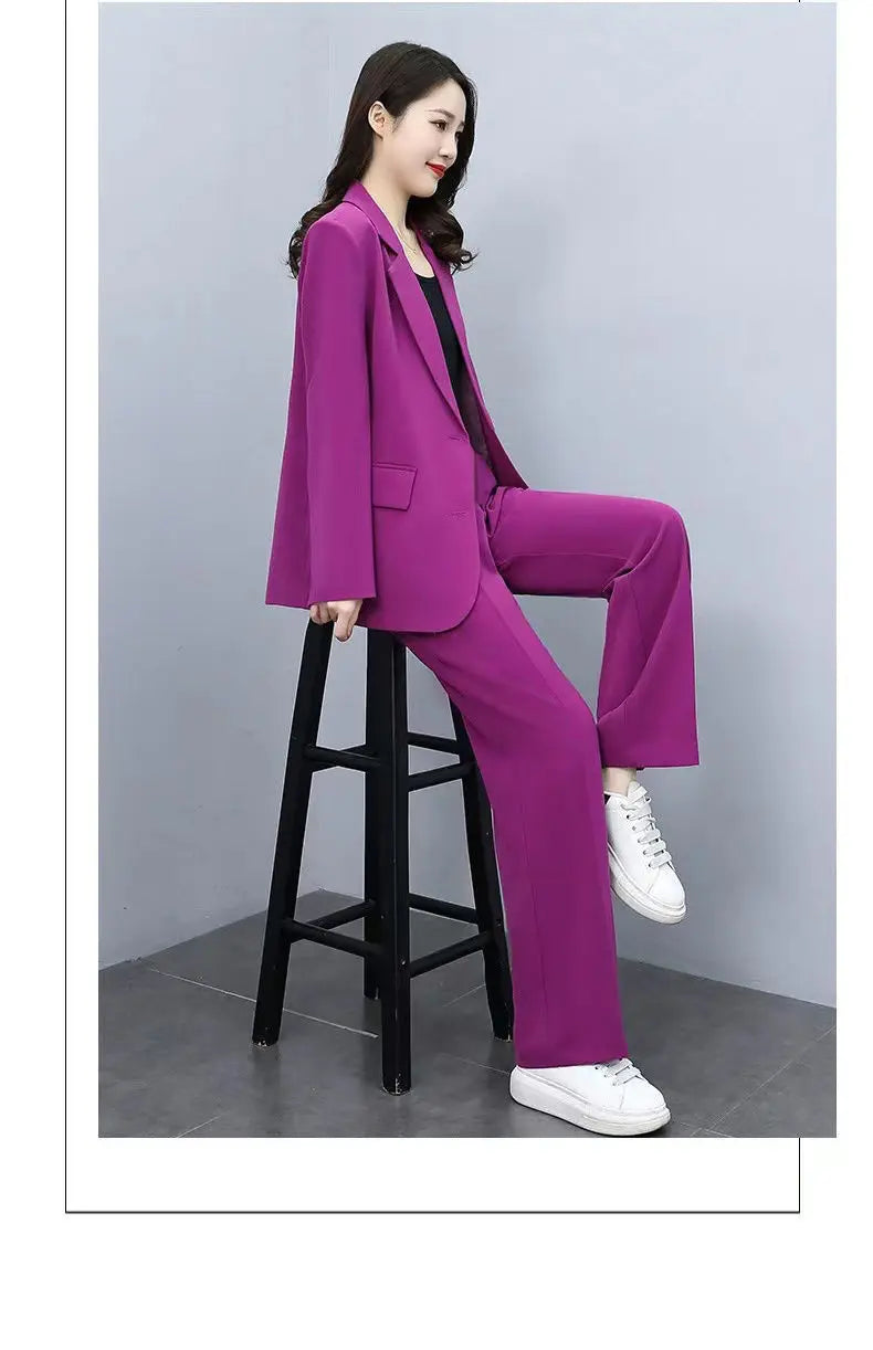 Spring Autumn Thin Women's Blazers Long Pants 2 Piece Set Korean Office Lady Casual Loose Suit Jacket Trousers Outfits Pantsuits