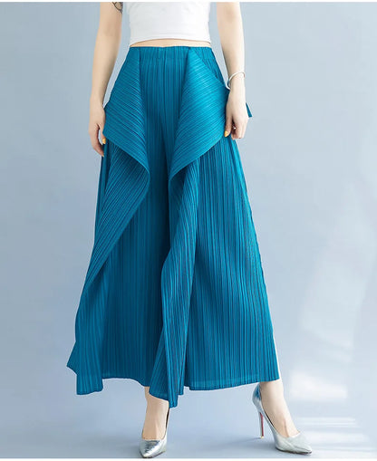 Miyake 2025 New Pleated Pants Irregular Wide-legged Pants Simple Loose Large Size with Elastic Formal Occasions Commuter Women's