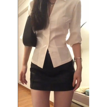 Preppy Shirt Women Sexy Summer Slim Waist Solid Sun Protection Thin Korean Style Office Lady Single Breasted Long Sleeve Formal
