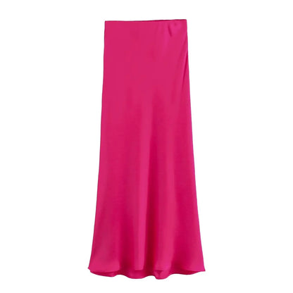 2024 Spring Summer New Women's High-Waisted Skirt European Style Silk-Satin Feeling Long Dress Solid Color Simple Design