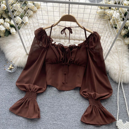 French Chic Halter Blouses Femininas Bow Flare Sleeve Short Tops Dames HighStreet Blusa Mujer Casual Shirts Clothes Dropshipping