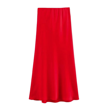 2024 Spring Summer New Women's High-Waisted Skirt European Style Silk-Satin Feeling Long Dress Solid Color Simple Design