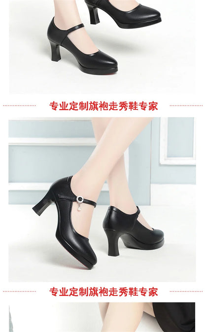 High Heels Comfort Platform Pumps 2024 Spring New Fashion Buckle Solid Black Shoes Woman Soft Leather Waterproof Single Shoes