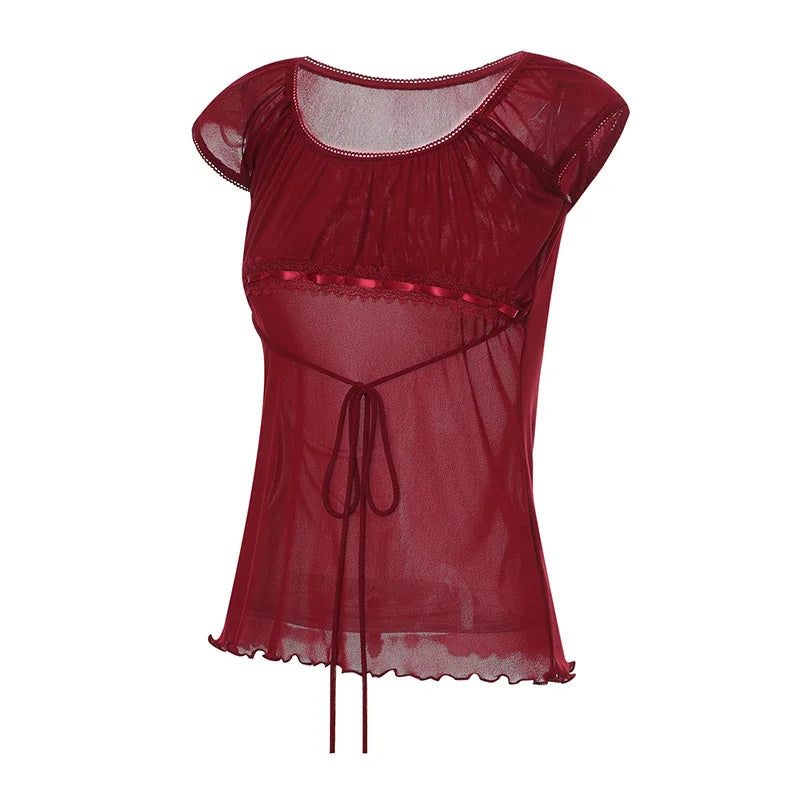 Women Summer Y2K Aesthetic Tops Lace Trim Cap Sleeve Low Cut Shirts Vintage Casual Sexy Tops and Blouses Female