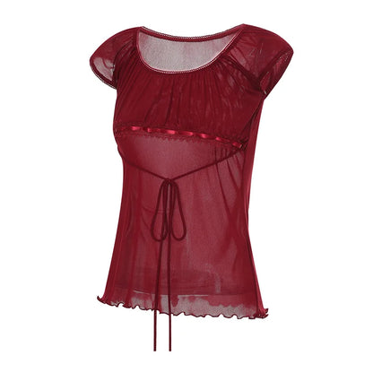 Women Summer Y2K Aesthetic Tops Lace Trim Cap Sleeve Low Cut Shirts Vintage Casual Sexy Tops and Blouses Female