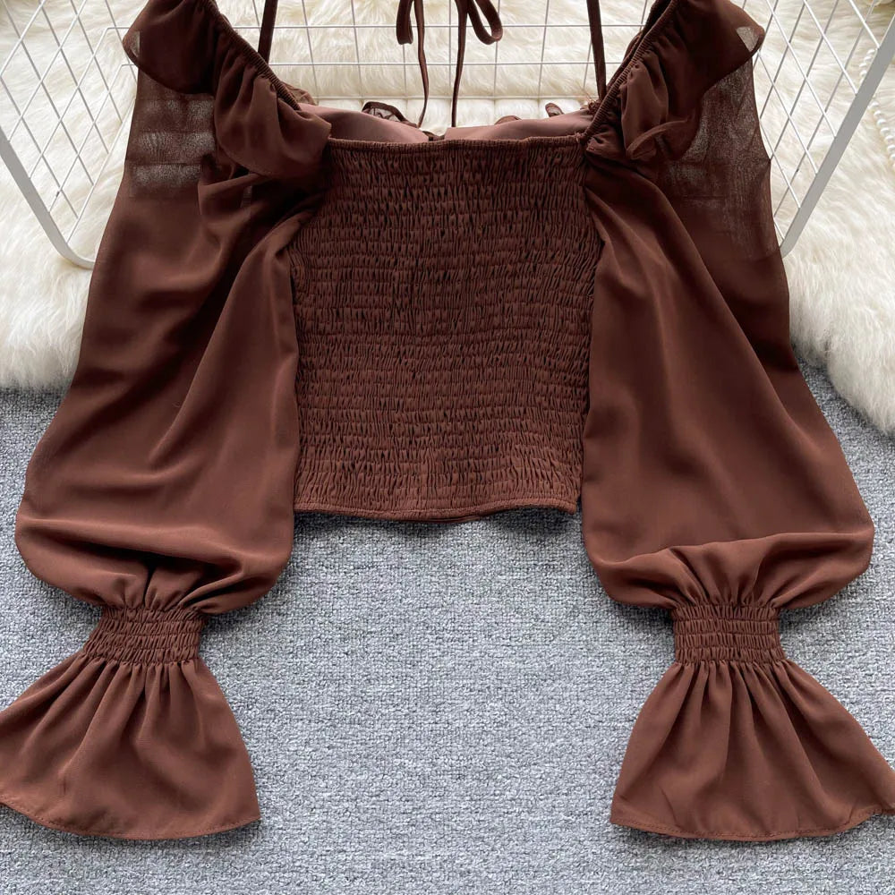 French Chic Halter Blouses Femininas Bow Flare Sleeve Short Tops Dames HighStreet Blusa Mujer Casual Shirts Clothes Dropshipping