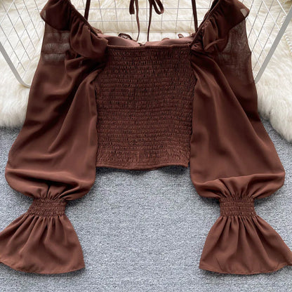 French Chic Halter Blouses Femininas Bow Flare Sleeve Short Tops Dames HighStreet Blusa Mujer Casual Shirts Clothes Dropshipping