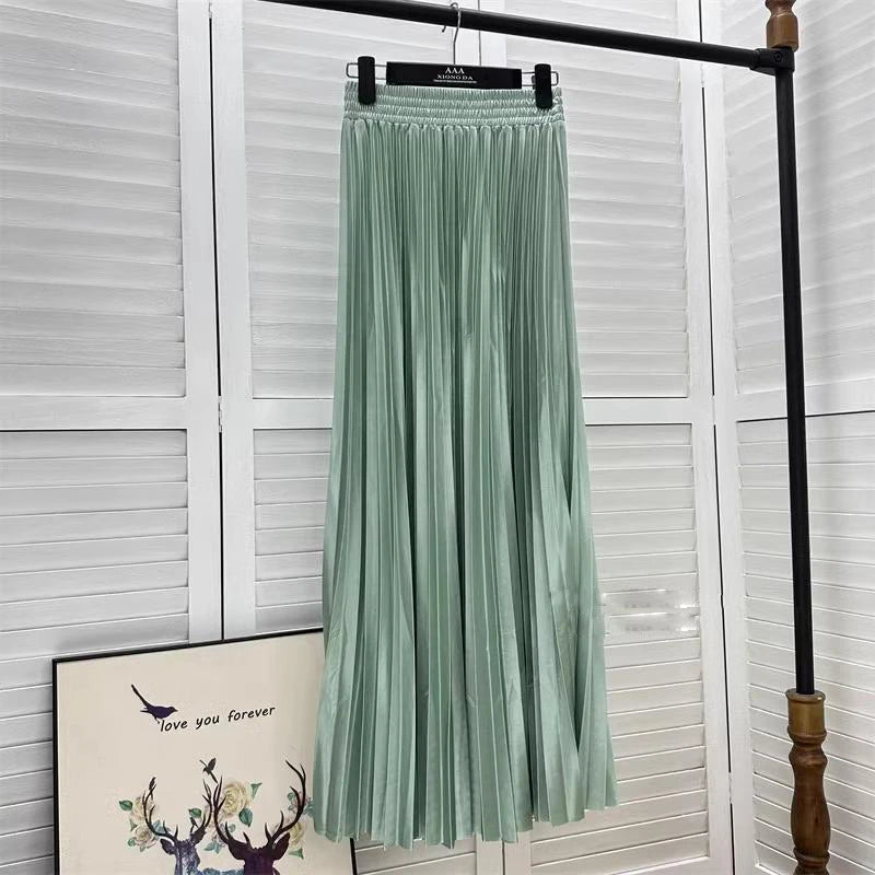 98cm Basics Maxi Pleated Skirt for Women New Korean Casual All-match Solid A Line High Waist Long Maxi Skirt Female