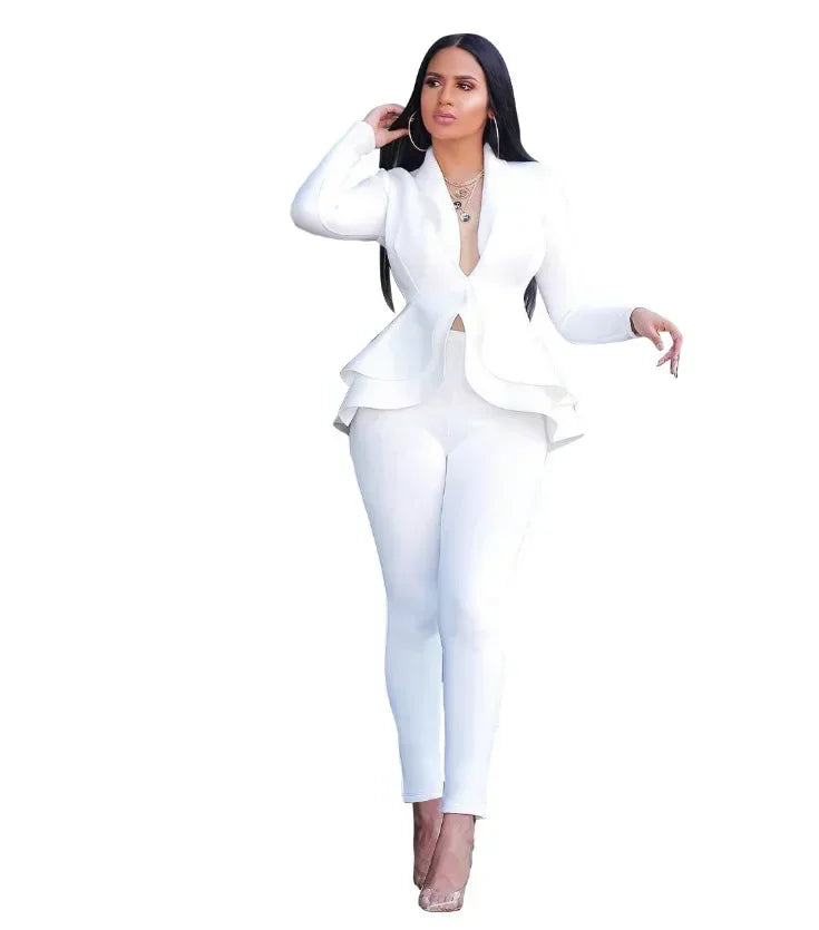 2025 Women's Formal Set 2PCS Tracksuit Full Sleeve Ruffles Blazers Pencil Pants Suit Two Piece Set Office Lady Outfits Uniform