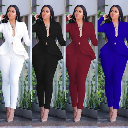 2025 Women's Formal Set 2PCS Tracksuit Full Sleeve Ruffles Blazers Pencil Pants Suit Two Piece Set Office Lady Outfits Uniform