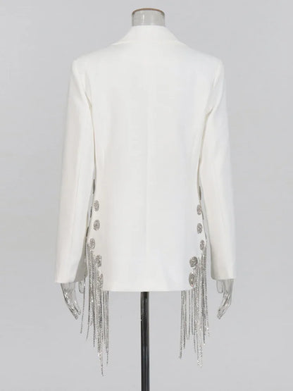 ZMEENNA White Blazer Notched Collar Single Button Patchwork Metal Tassel Jackets For Women 2025 Spring Fashion New Coats ZM628