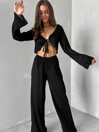 Mozuleva Women's Summer Loose Casual Long Sleeved Pants Set Soft Comfortable Fashion Home Clothes Solid Color Basic Pajamas Set