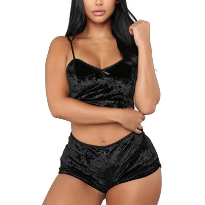Women Sexy Strappy Pajama Set Women's Velvet Polyester Comfortable V-neck Underwear Home Clothes 2 Piece Sleeveless